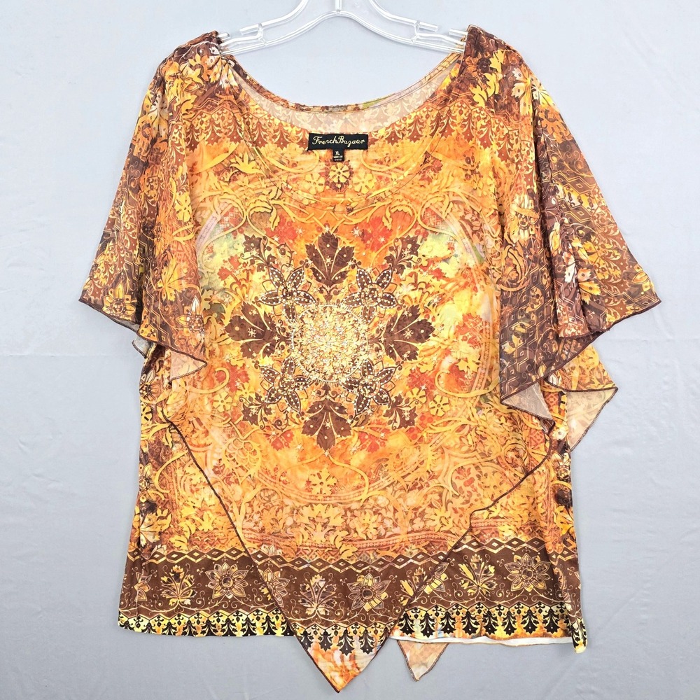 French Bazaar‎ Floral Print Rhinestone Layered Short Sleeve Scoop Neck Top XL